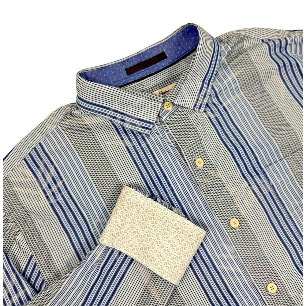 Tommy Bahama Mens XL‎ Silk Blend Long Sleeve Shirt Blue White Striped Flip Cuff